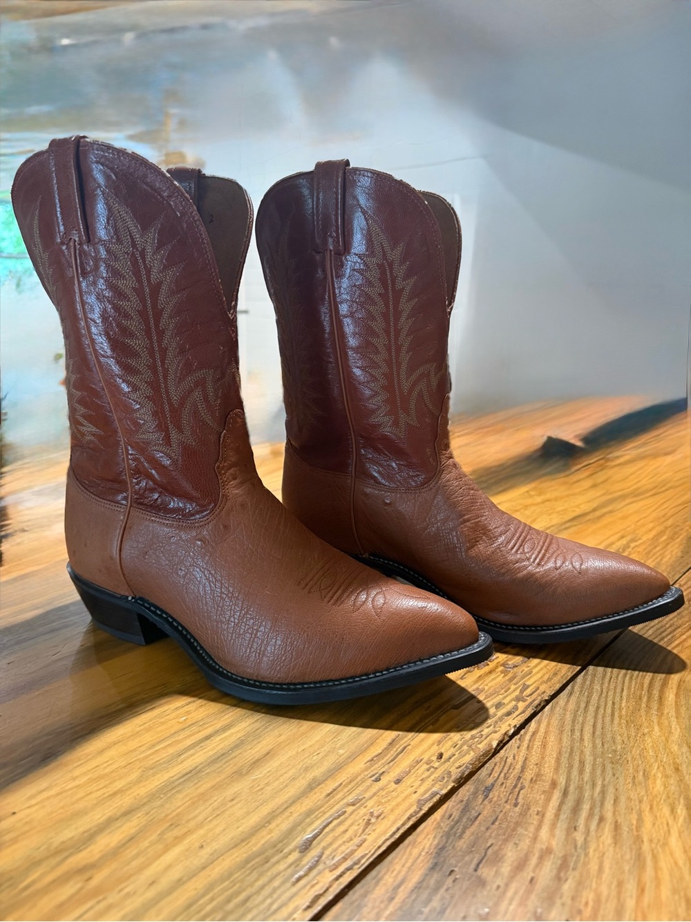 Nocona Smooth Ostrich Two-Tone Brown Leather Cowboy Boots, 11 EEE